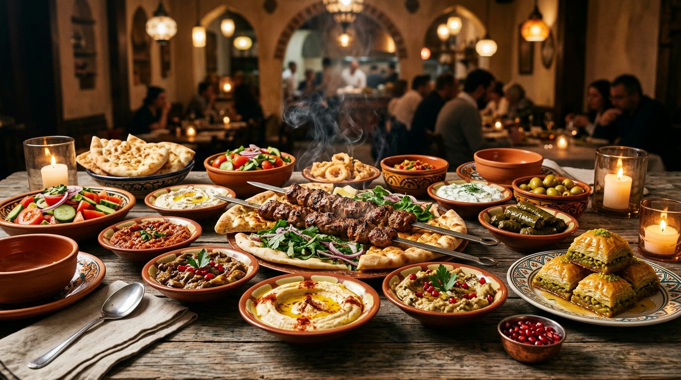 Authentic Turkish culinary spread with meze, kebab and baklava